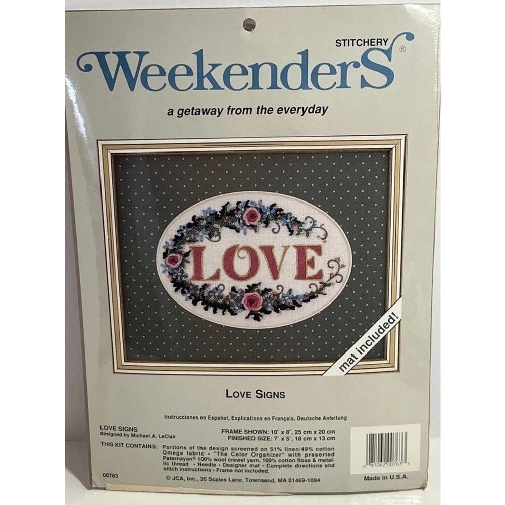 Vtg Weekenders Stichery Cross Stitch LOVE SIGNS Mat Yarn Michael LeClair Kit NEW